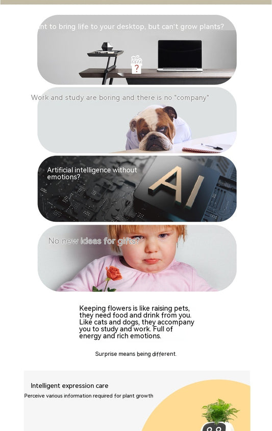 Collage of images with text about plants, work, and emotions.