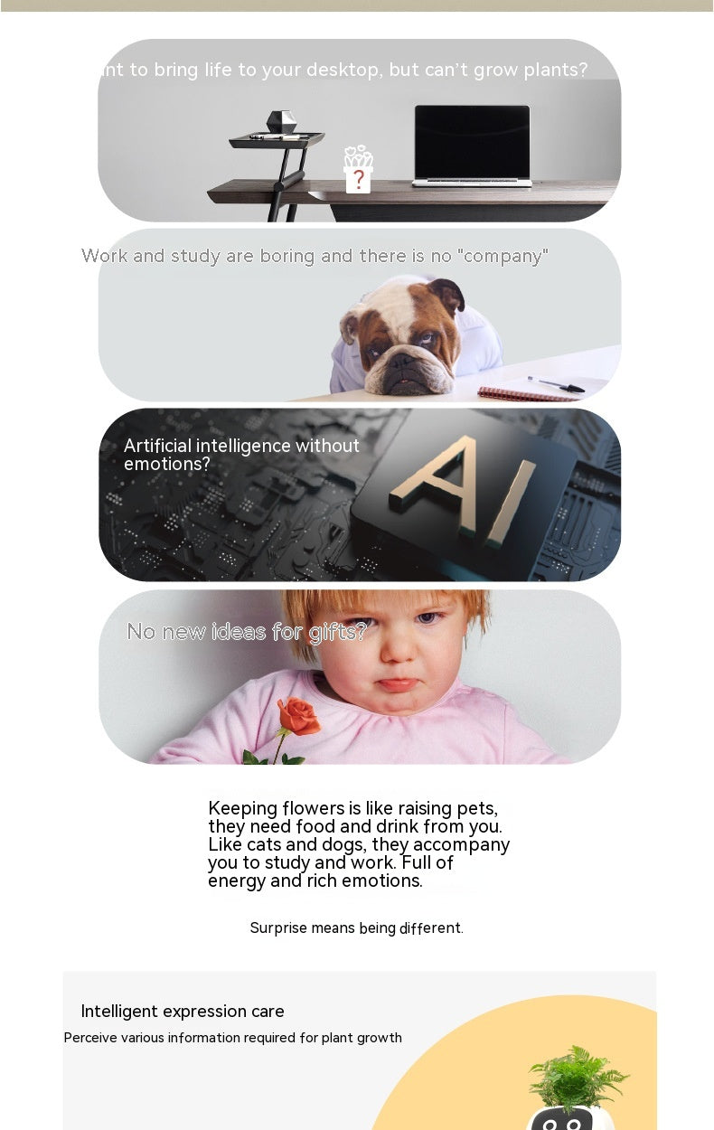 Collage of images with text about plants, work, and emotions.