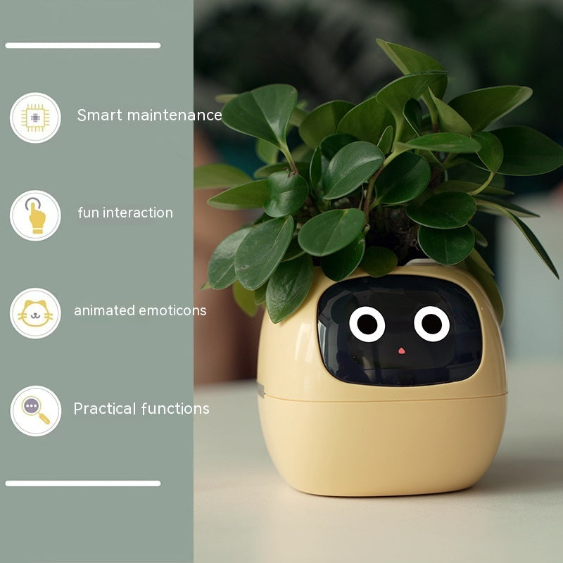 Smart plant pot with a face on a table, featuring text labels for smart maintenance, fun interaction, animated emoticons, and practical functions.