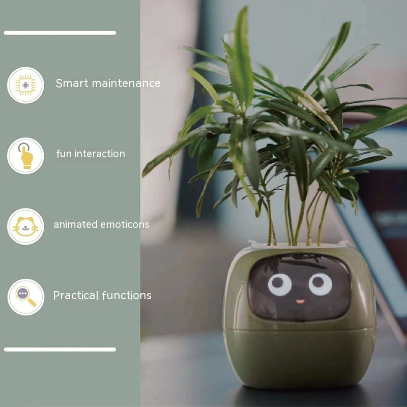 Smart plant pot with animated face on a table, featuring text about smart maintenance, fun interaction, animated emoticons, and practical functions.