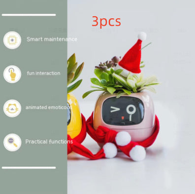 Decorative plant pot with a face and red hat on a light gray background, featuring text labels on the left.