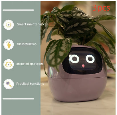 Smart device with animated features in a pot, next to a plant, with text on the left side.