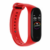 Red smartwatch with a black screen on a white background