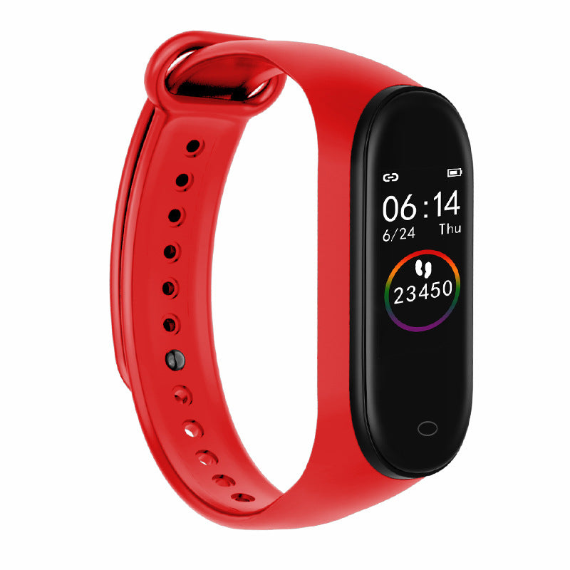 Red smartwatch with a black screen on a white background
