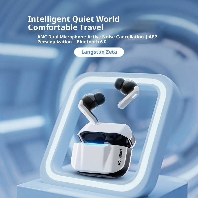 Wireless earbuds in a charging case with 'Langston Zeta' branding on a blue gradient background.