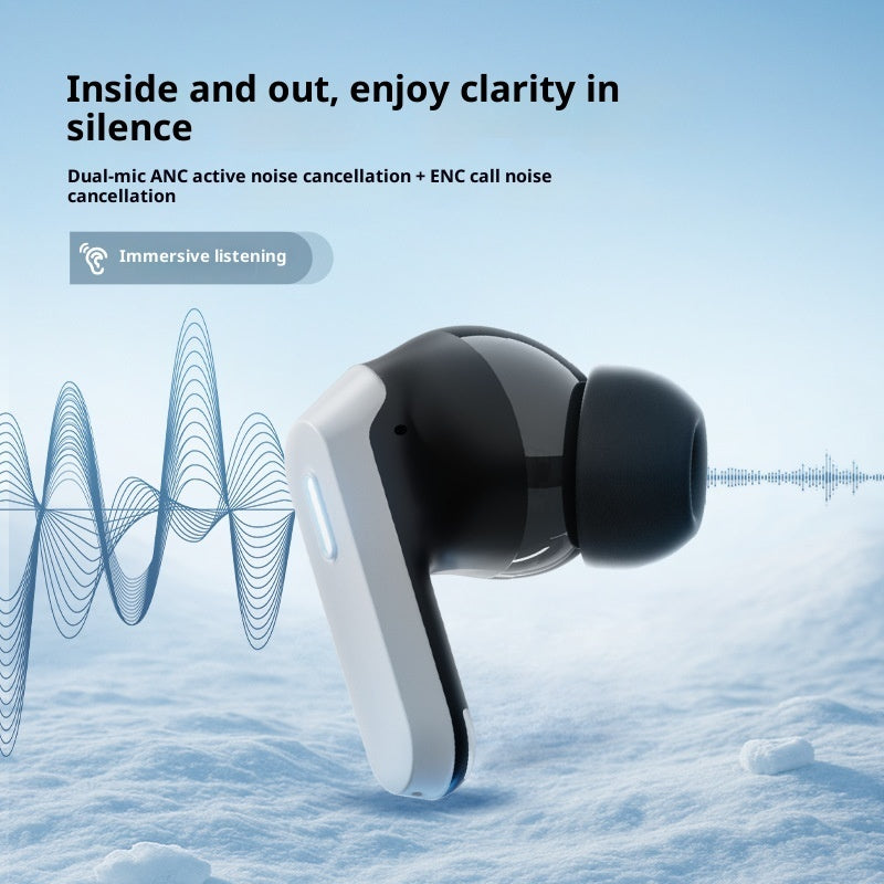 Black and white wireless earbuds with sound wave graphics on a blue background