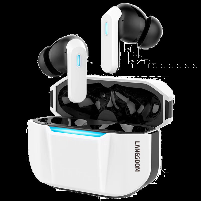 Wireless earbuds with charging case on a white background