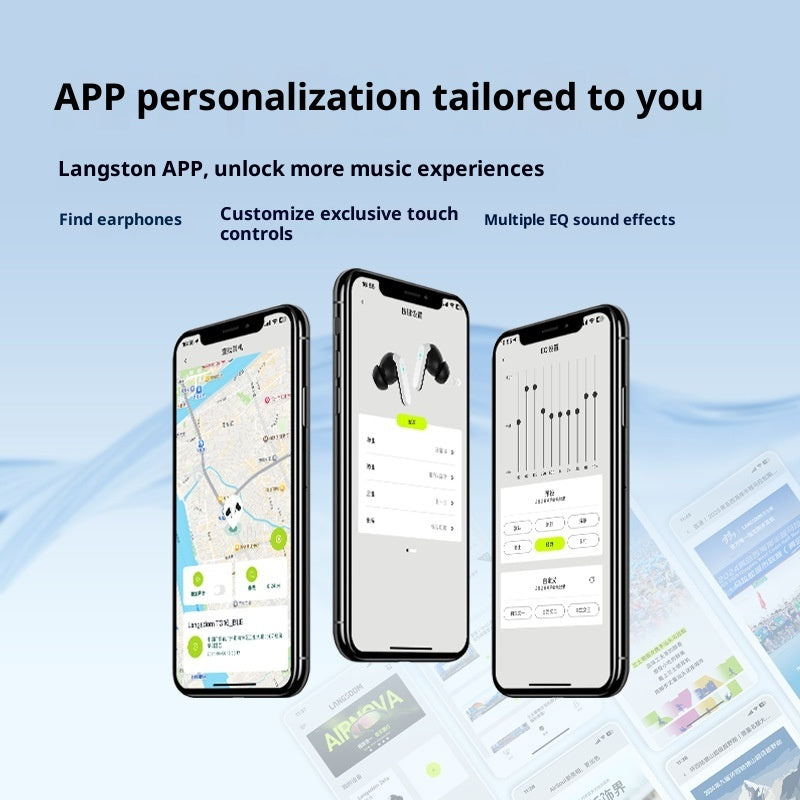 Three smartphones displaying app interfaces with text about Langston APP features on a blue background.