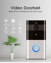 Video doorbell with features listed on a gray wall with a plant.