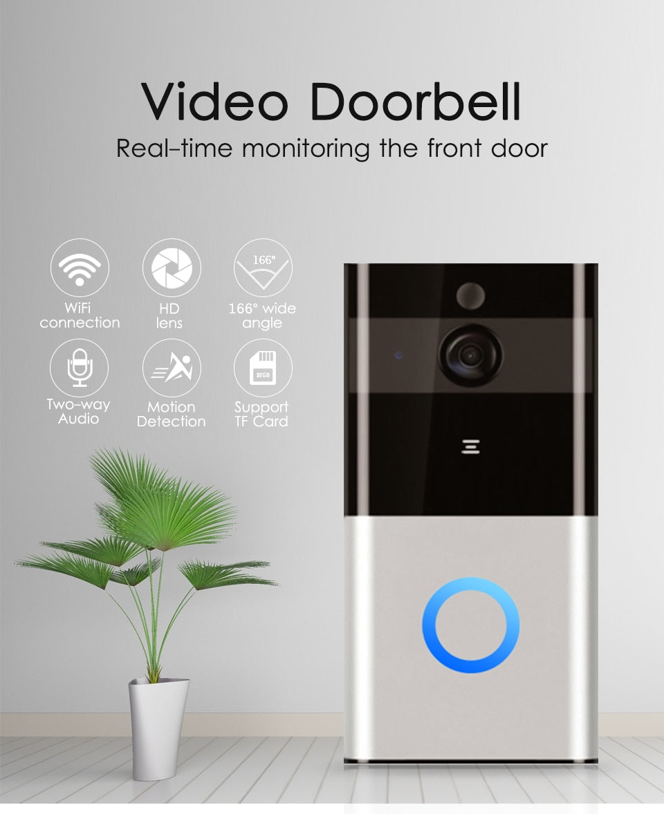 Video doorbell with features listed on a gray wall with a plant.
