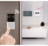 Smart doorbell with a finger pressing the button, showing a person on a bed in the background.
