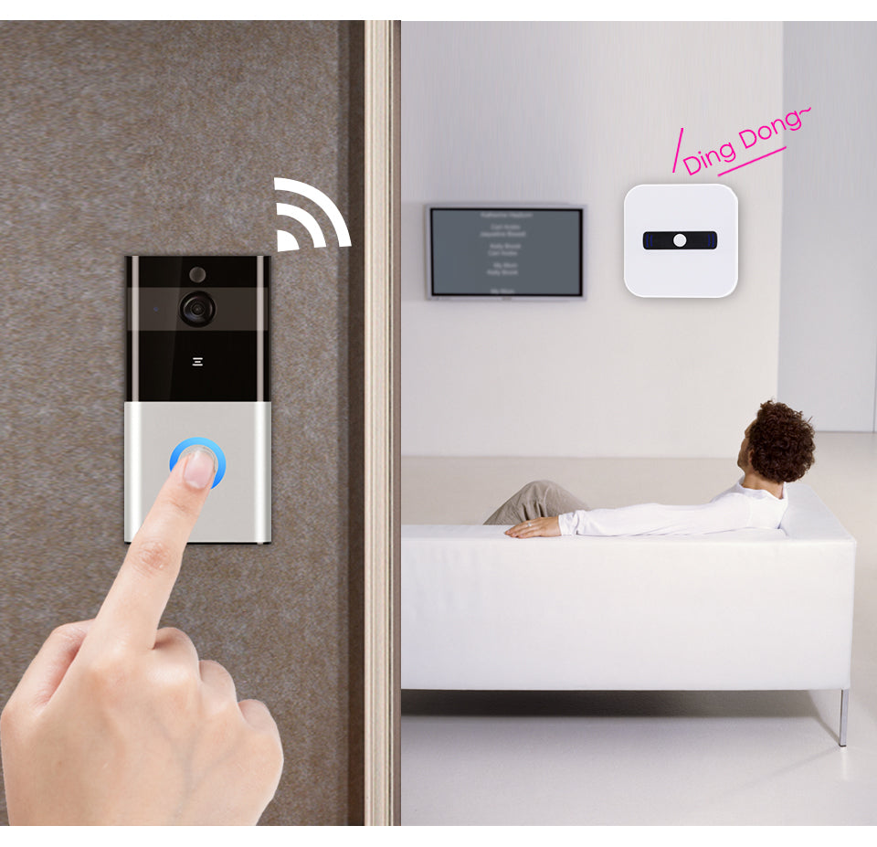 Smart doorbell with a finger pressing the button, showing a person on a bed in the background.