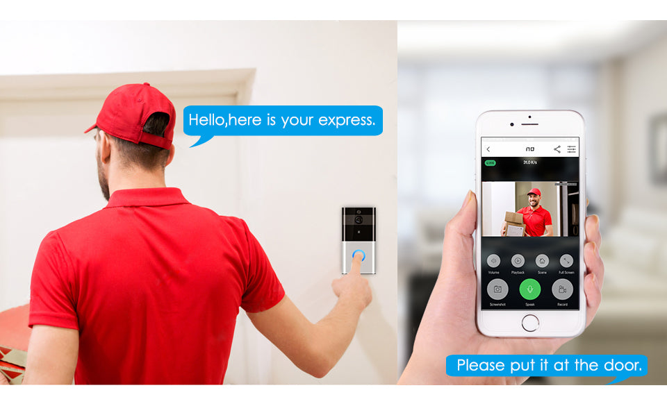 Delivery person in red uniform using a smart lock with smartphone app interface.