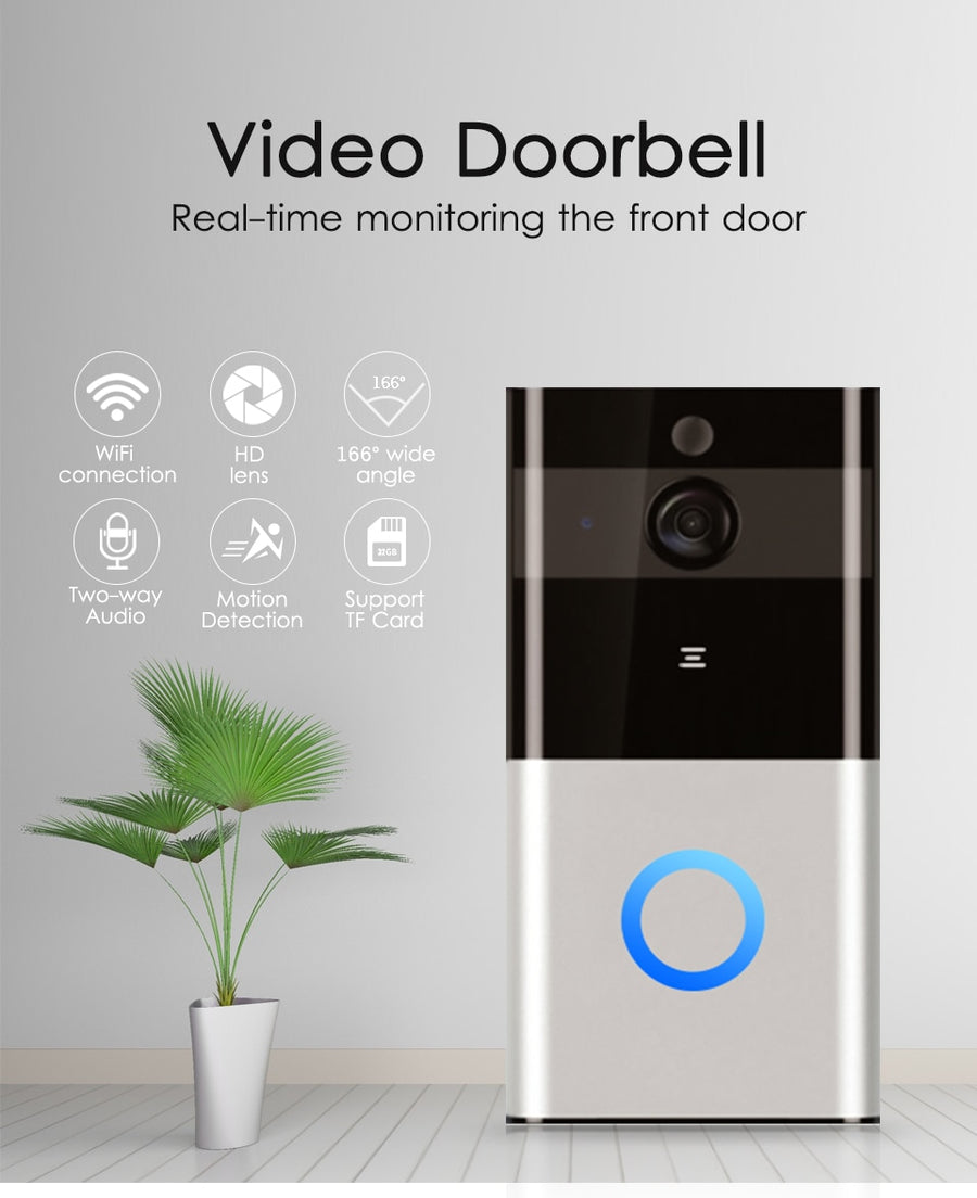 Video doorbell with features listed on a gray wall with a plant.