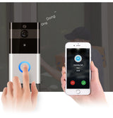 Smart doorbell with smartphone app interface on a glass door background