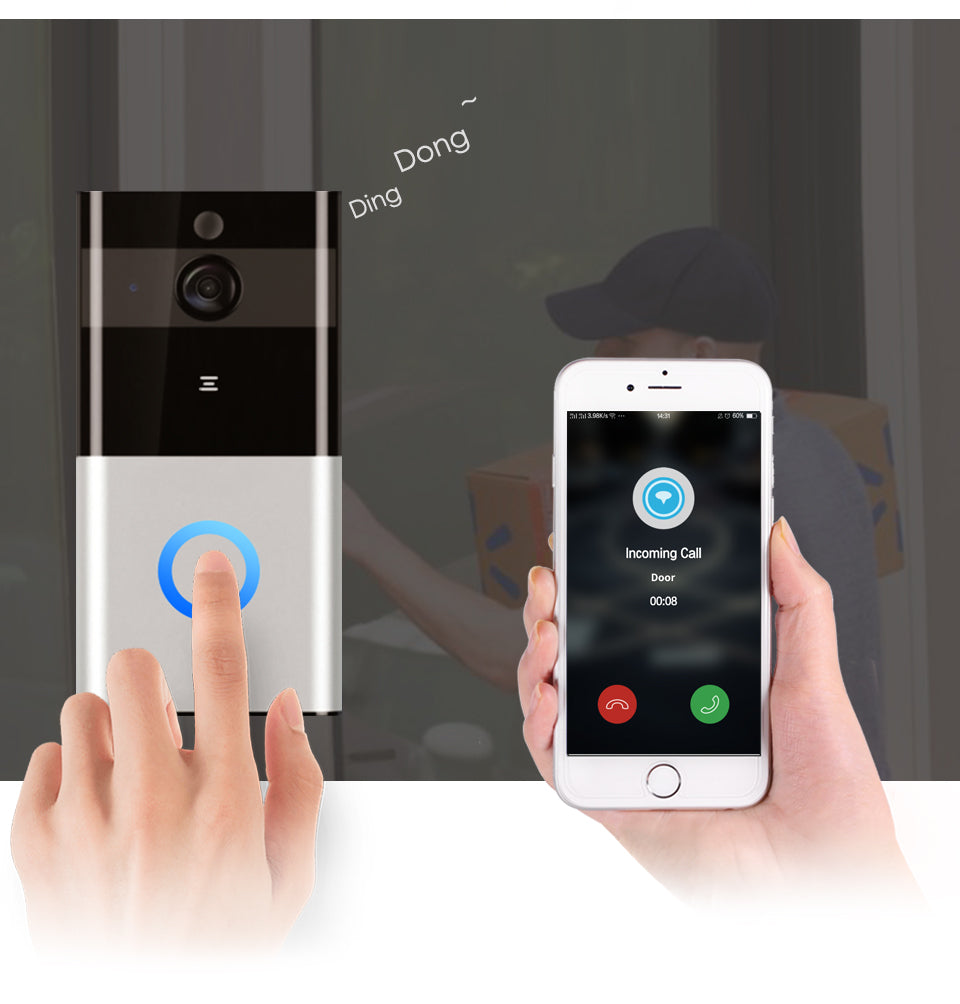 Smart doorbell with smartphone app interface on a glass door background