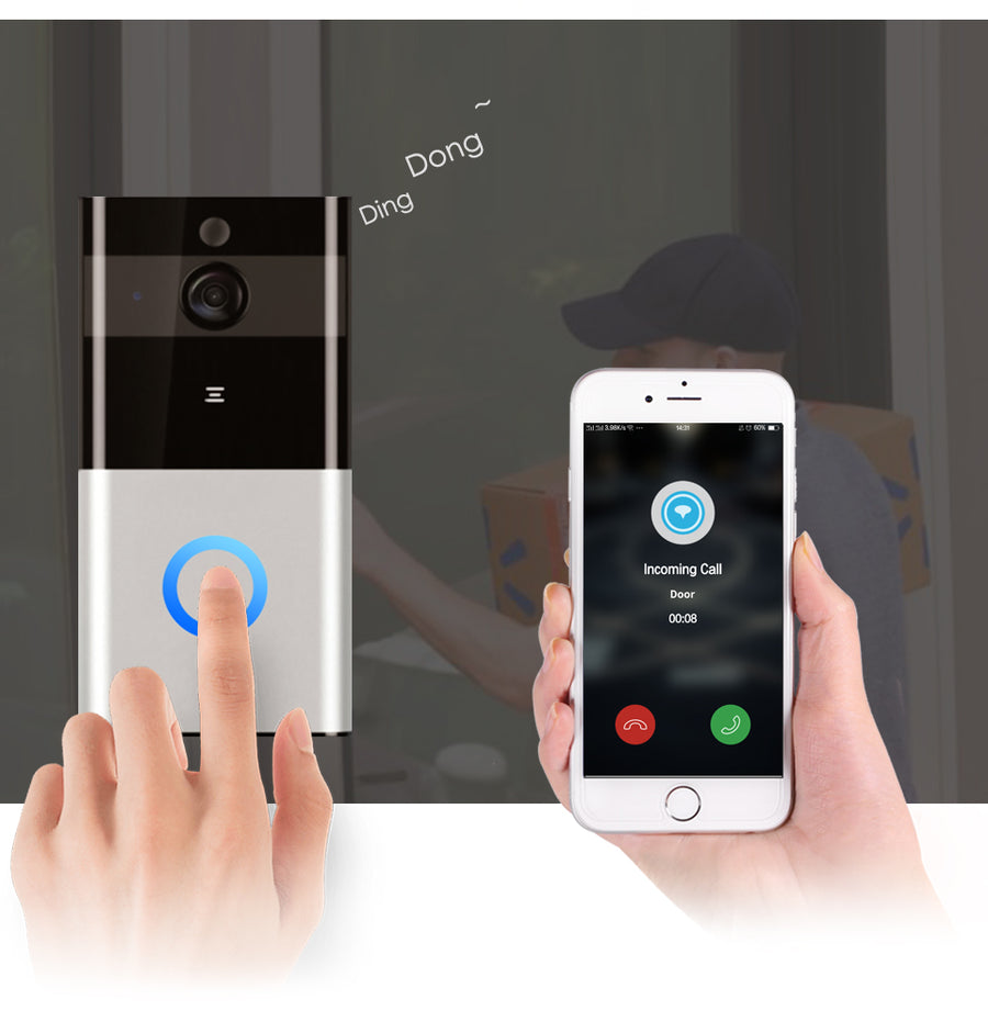 Smart doorbell with smartphone app interface on a glass door background