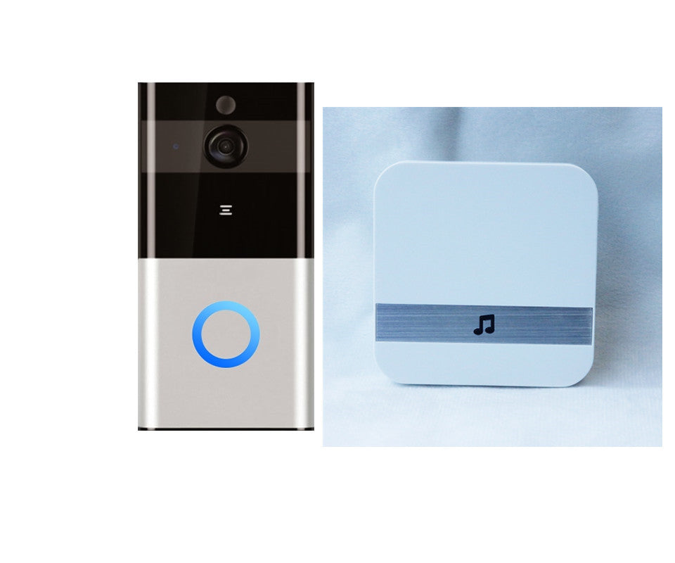 Smart doorbell with camera and a separate device with a music note icon on a white background