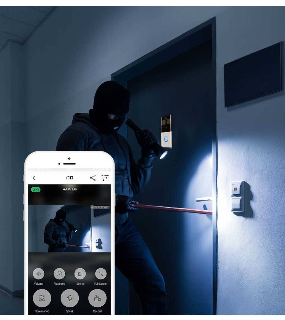 Smart doorbell system with smartphone app interface showing a burglar attempting to break into a house.