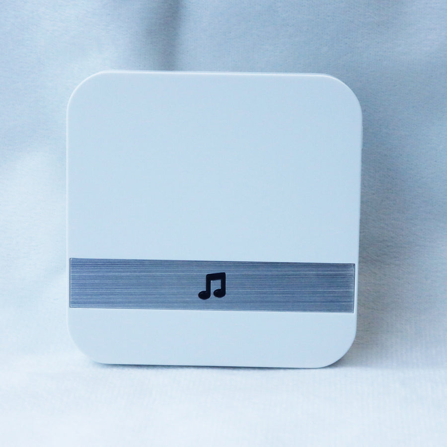 Square white device with a blue stripe and music note icon on a light gray background