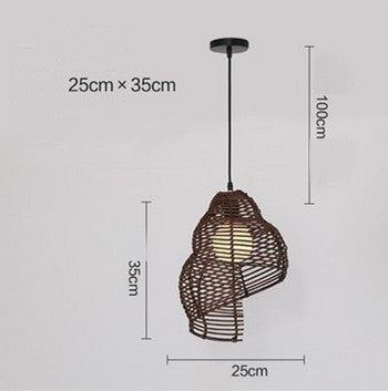 Wicker pendant light with dimensions on a gray background
