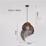 Wicker pendant light with dimensions on a white background