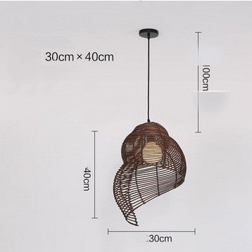 Wicker pendant light with dimensions on a white background