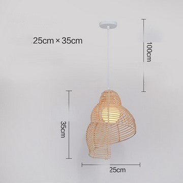Woven pendant light with dimensions displayed on a white background