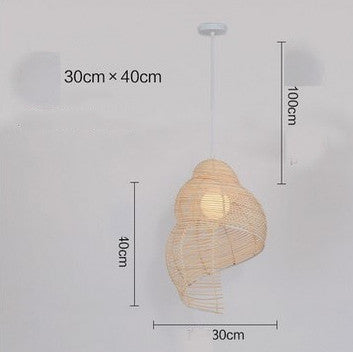 Woven pendant light with dimensions on a plain background