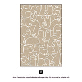 Beige rug with abstract white line art pattern on a plain background