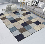 Checkered area rug in a living room setting with a sofa and cushions.