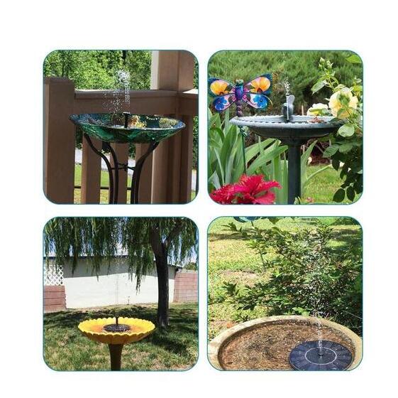 Collage of four different bird baths in various garden settings.