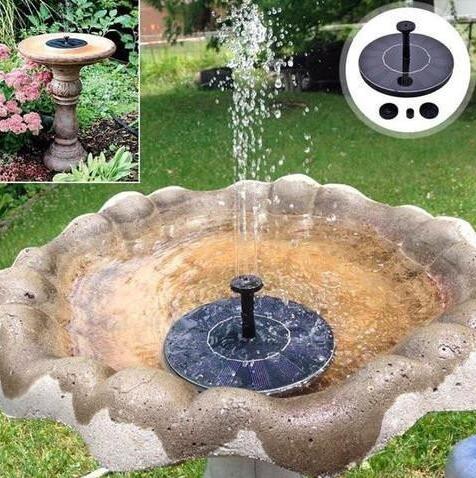 Solar-powered water fountain in a garden setting with a close-up of the solar panel.