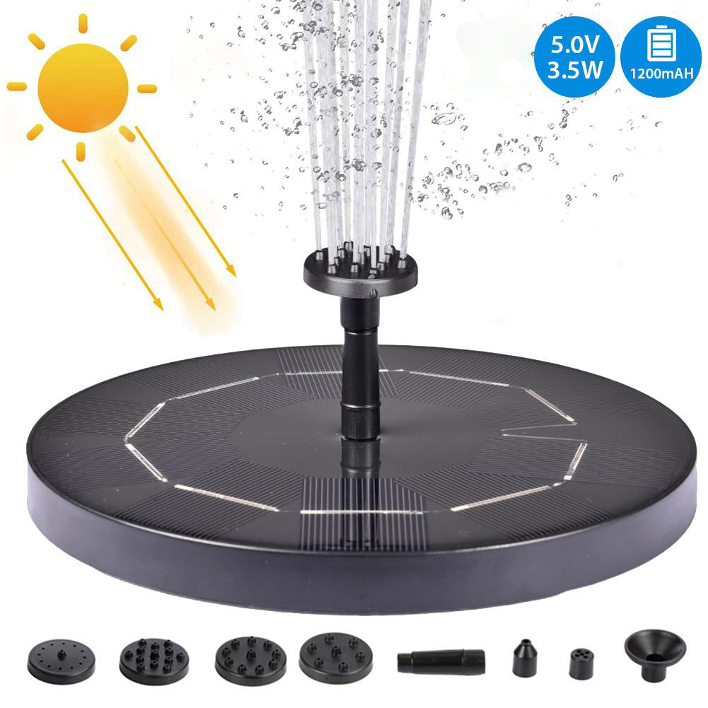 Solar-powered fountain pump with water spray and battery specifications on a white background