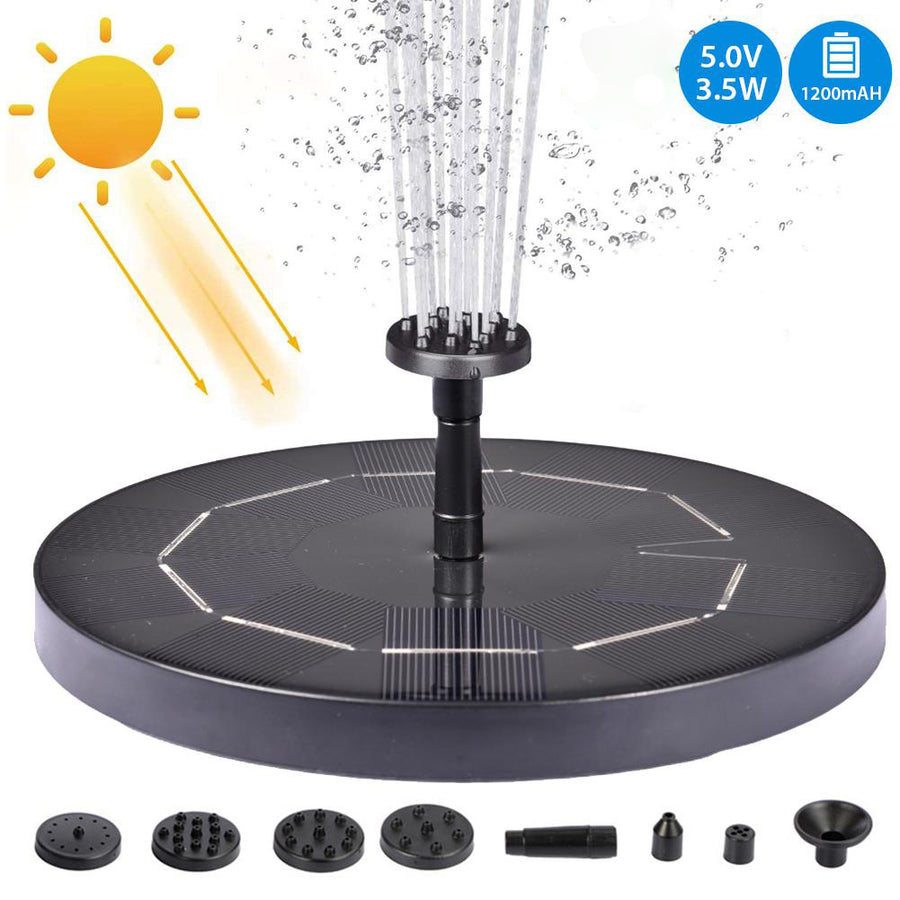 Solar-powered fountain pump with water spray and battery specifications on a white background