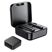 Black wireless earbuds with charging case on a white background