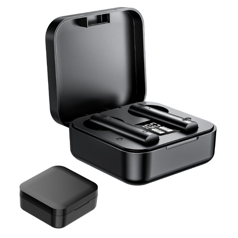 Black wireless earbuds with charging case on a white background