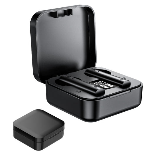 Black wireless earbuds with charging case on a white background