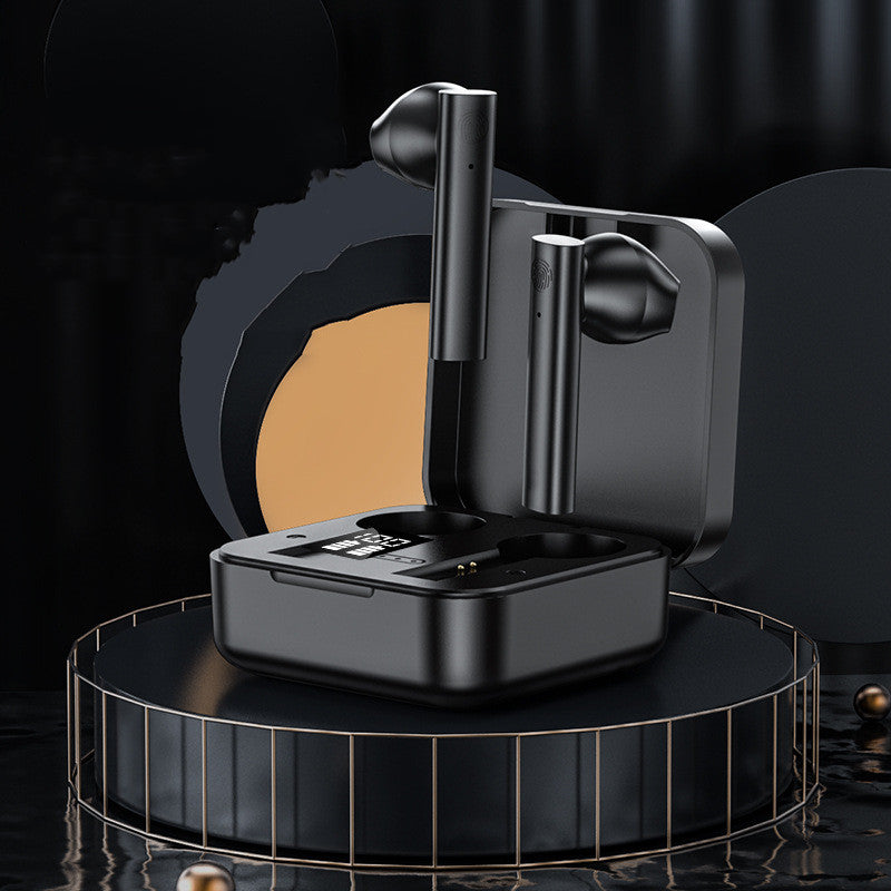 Black wireless earbuds with charging case on a dark background
