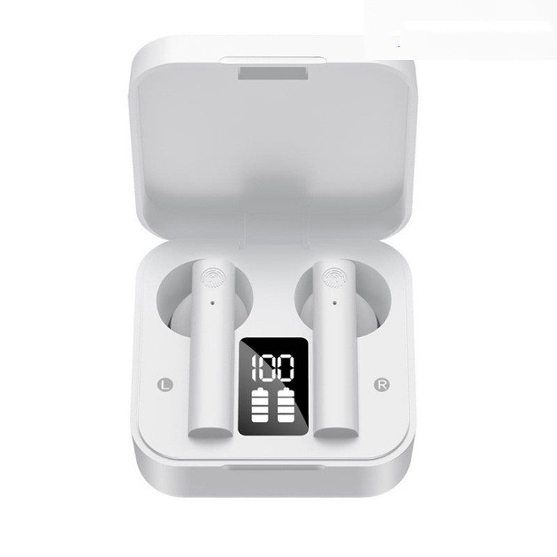 White wireless earbuds with charging case on a white background