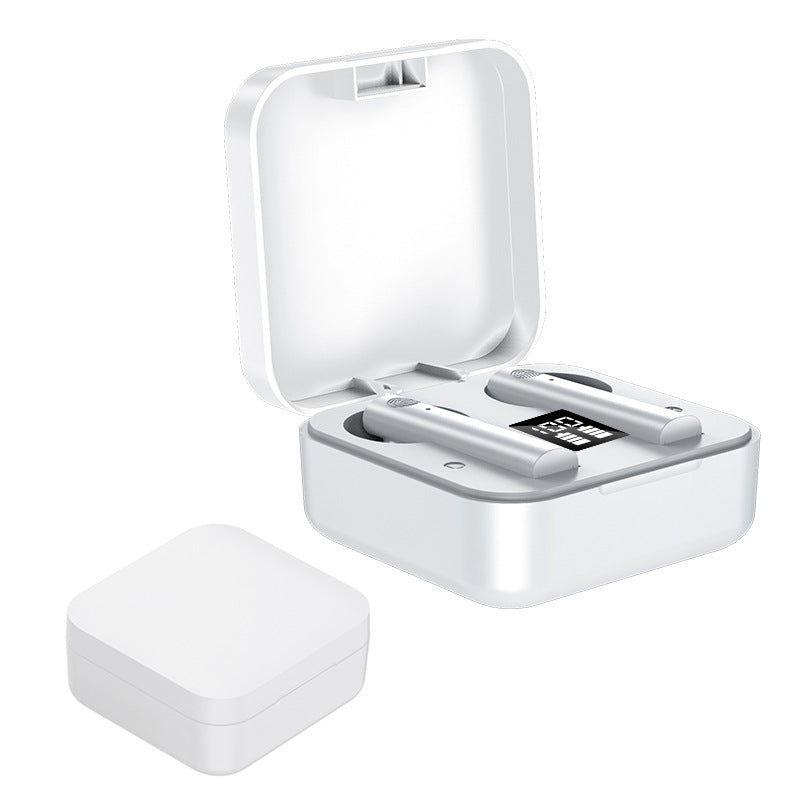 White wireless earbuds in a charging case on a white background