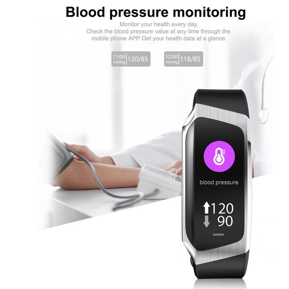 Smartwatch with blood pressure monitoring feature displayed on a white background