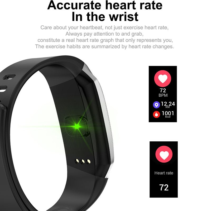 Black smartwatch with heart rate monitoring display on a white background