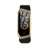 Smartwatch with a black and gold design on a white background