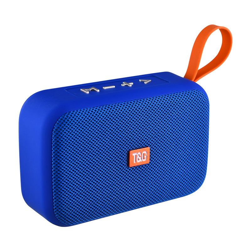 Blue portable speaker with an orange handle on a white background