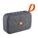 Gray portable speaker with an orange handle and visible brand logo on a white background