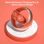Red metal aluminum charging box with Dyson sphere design on a white platform against a pink background