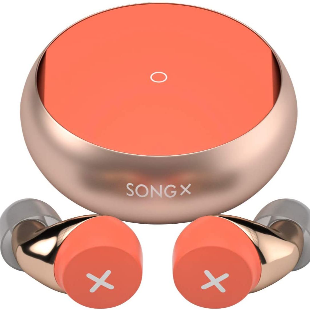 Wireless earbuds with coral and rose gold design on a white background, featuring the brand 'SONGX'.