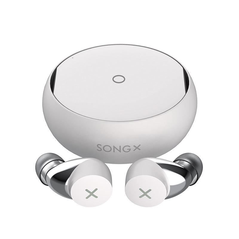 White wireless earbuds with charging case on a white background, featuring the brand 'SONGX'.