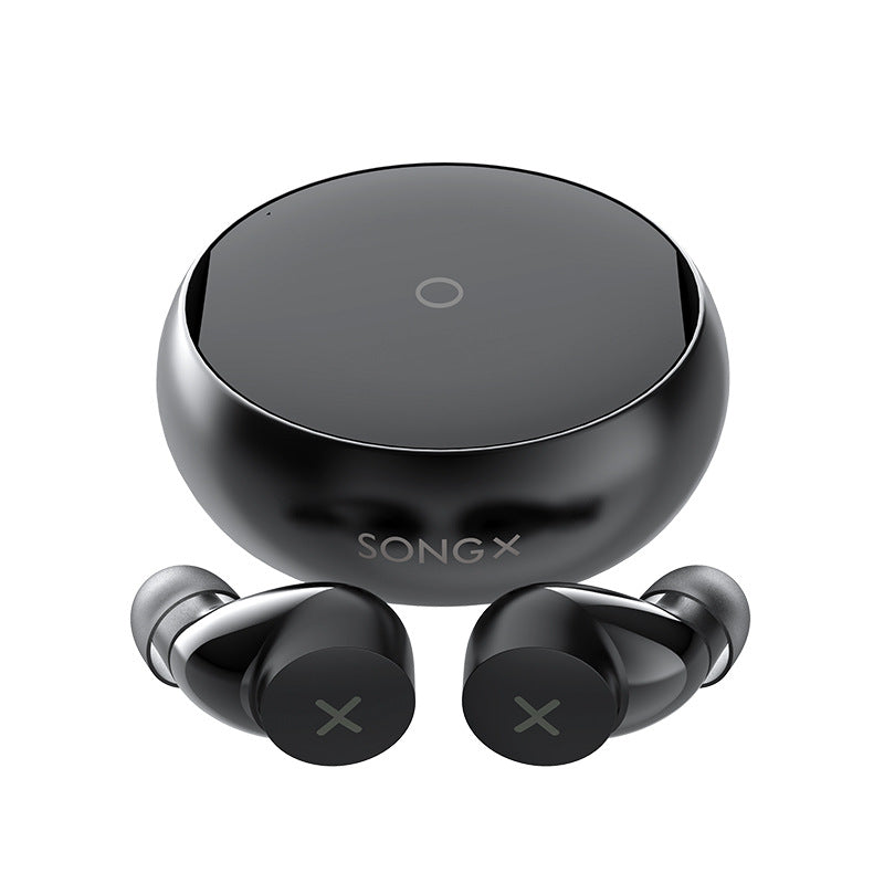Black wireless earbuds with charging case on a white background, featuring the brand 'SONGX'.
